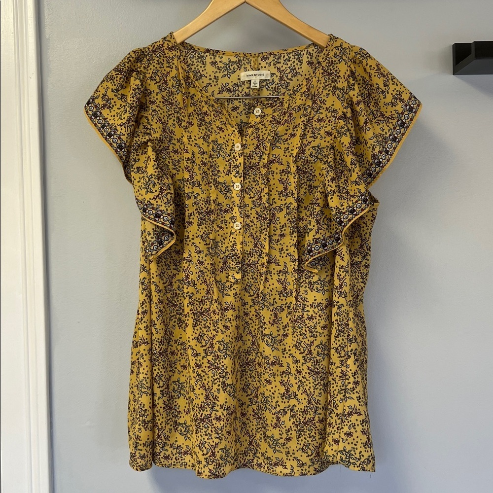 Max Studio Mustard Floral Blouses Babydoll Style sz L - Picture 2 of 5